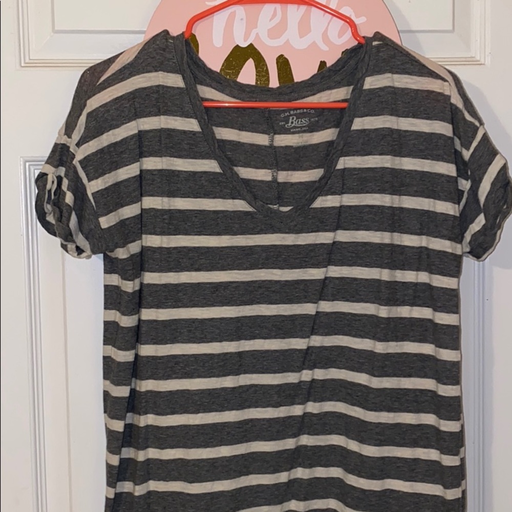 Grey and white striped v neck shirt